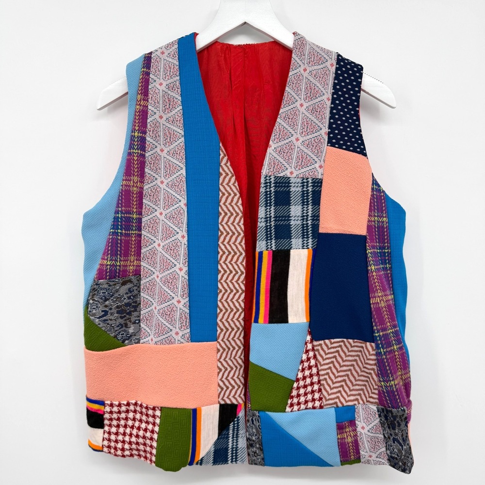 Vintage Handmade Quilted Patchwork Vest Top Size S M Artsy Granny Double Knit